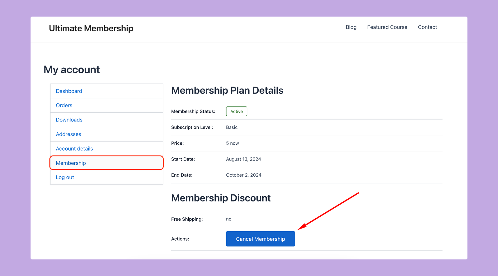 Cancel membership from the account dashboard