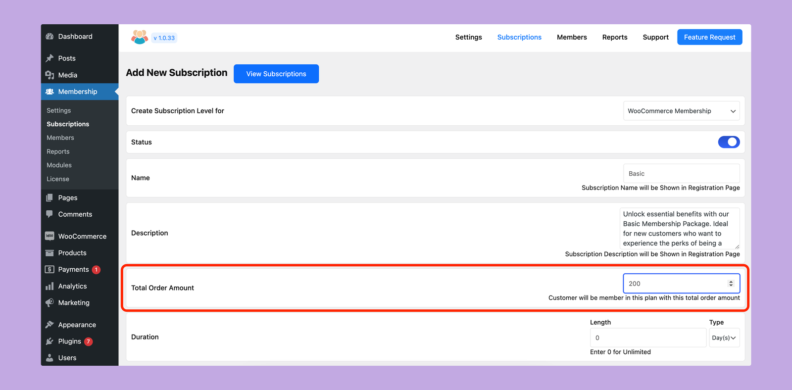 Total order amount based subscription